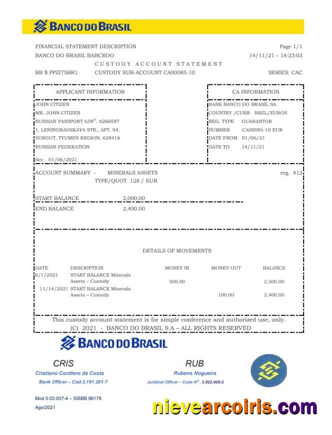 Brazil Banco do Brasil bank statement easy to fill in Excel and PDF format